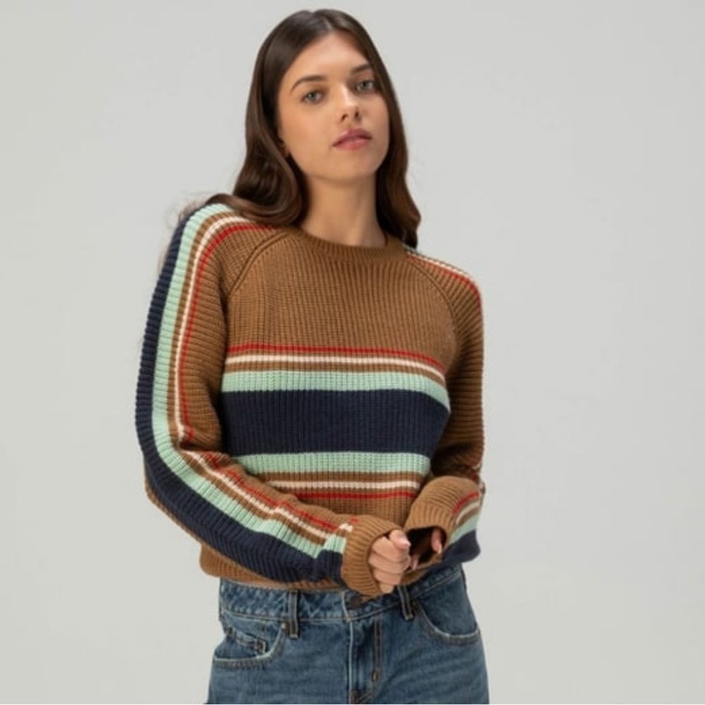 Brixton Tan and Navy Racing Striped Sweater Size Small - Picture 2 of 10
